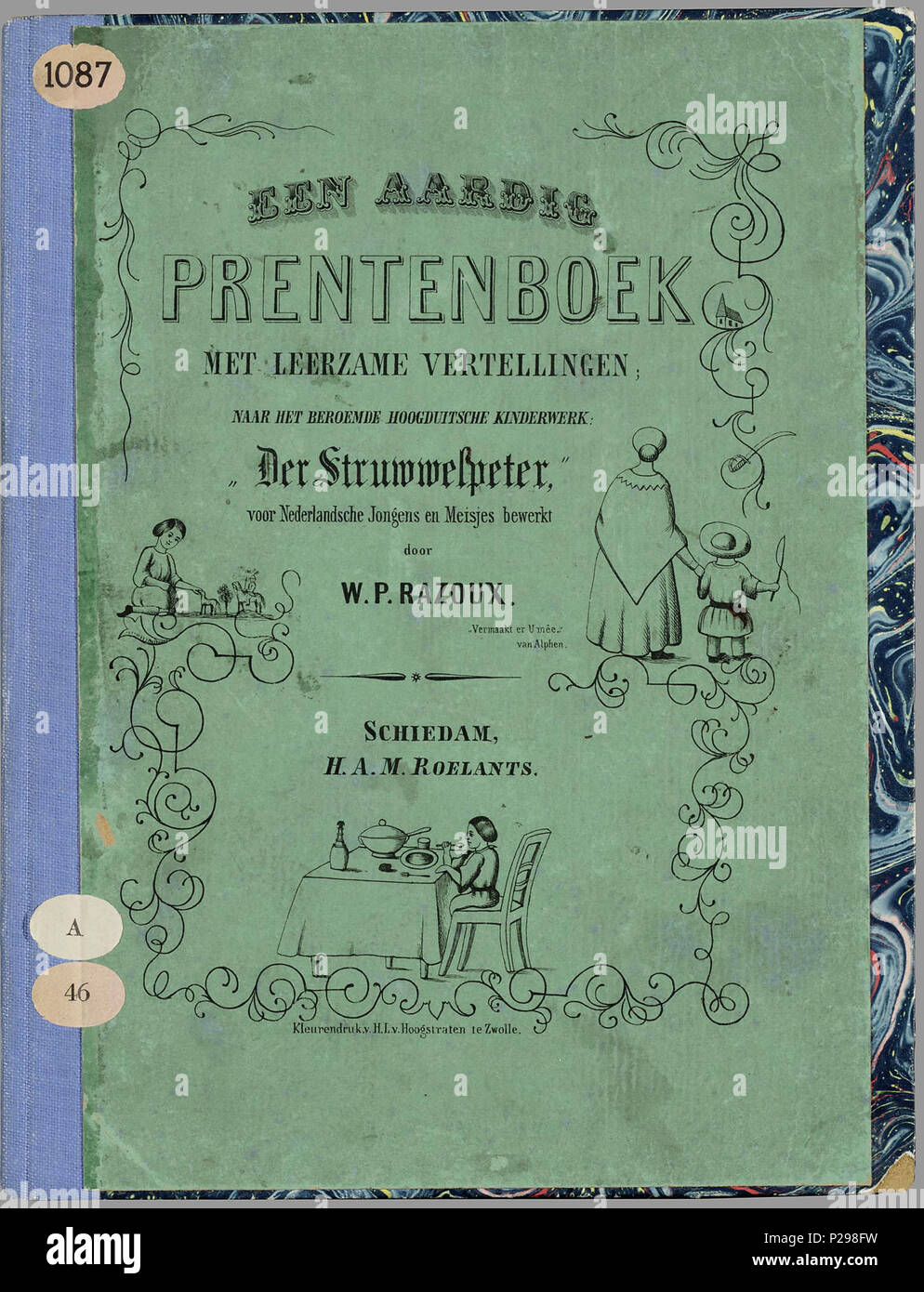 . Een aardig prentenboek incontrato leerzame vertellingen / naar het beroemde Hoogduitsche kinderwerk 'Der Struwwelpeter', voor Nederlandsche jongens en meisjes porta bewerkt W.P. Razoux. Herdr. 20 bl : gekl. ill // De keerzijde der bladen è onbedrukt // De oorspronkelijke autore è Heinrich Hoffmann // Datering en verdere gegevens: Theo Gielen in 'Tot volle waschdom' p. 151-164. De tekeningen zijn vermoedelijk van H.L. van Hoogstraten en Hendrik Scheeve // 1e Ned. uitgave: 1848 // bevat 8 verhalen: De geschiedenis van den wreeden Jan ; De geschiedenis van de zwarte jongens ; De geschiedenis van den Foto Stock
