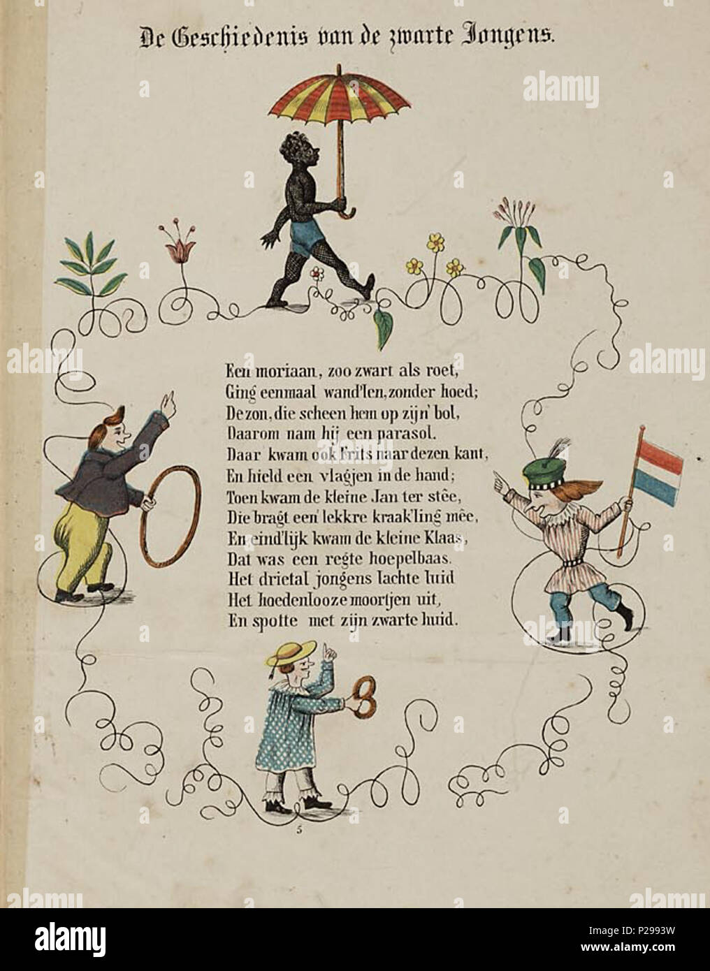 . Een aardig prentenboek incontrato leerzame vertellingen / naar het beroemde Hoogduitsche kinderwerk 'Der Struwwelpeter', voor Nederlandsche jongens en meisjes porta bewerkt W.P. Razoux. Herdr. 20 bl : gekl. ill // De keerzijde der bladen è onbedrukt // De oorspronkelijke autore è Heinrich Hoffmann // Datering en verdere gegevens: Theo Gielen in 'Tot volle waschdom' p. 151-164. De tekeningen zijn vermoedelijk van H.L. van Hoogstraten en Hendrik Scheeve // 1e Ned. uitgave: 1848 // bevat 8 verhalen: De geschiedenis van den wreeden Jan ; De geschiedenis van de zwarte jongens ; De geschiedenis van den Foto Stock