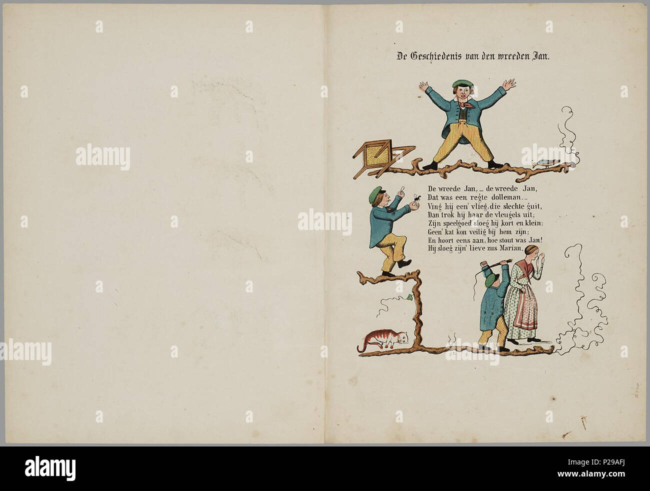 . Een aardig prentenboek incontrato leerzame vertellingen / naar het beroemde Hoogduitsche kinderwerk 'Der Struwwelpeter', voor Nederlandsche jongens en meisjes porta bewerkt W.P. Razoux. Herdr. 20 bl : gekl. ill // De keerzijde der bladen è onbedrukt // De oorspronkelijke autore è Heinrich Hoffmann // Datering en verdere gegevens: Theo Gielen in 'Tot volle waschdom' p. 151-164. De tekeningen zijn vermoedelijk van H.L. van Hoogstraten en Hendrik Scheeve // 1e Ned. uitgave: 1848 // bevat 8 verhalen: De geschiedenis van den wreeden Jan ; De geschiedenis van de zwarte jongens ; De geschiedenis van den Foto Stock