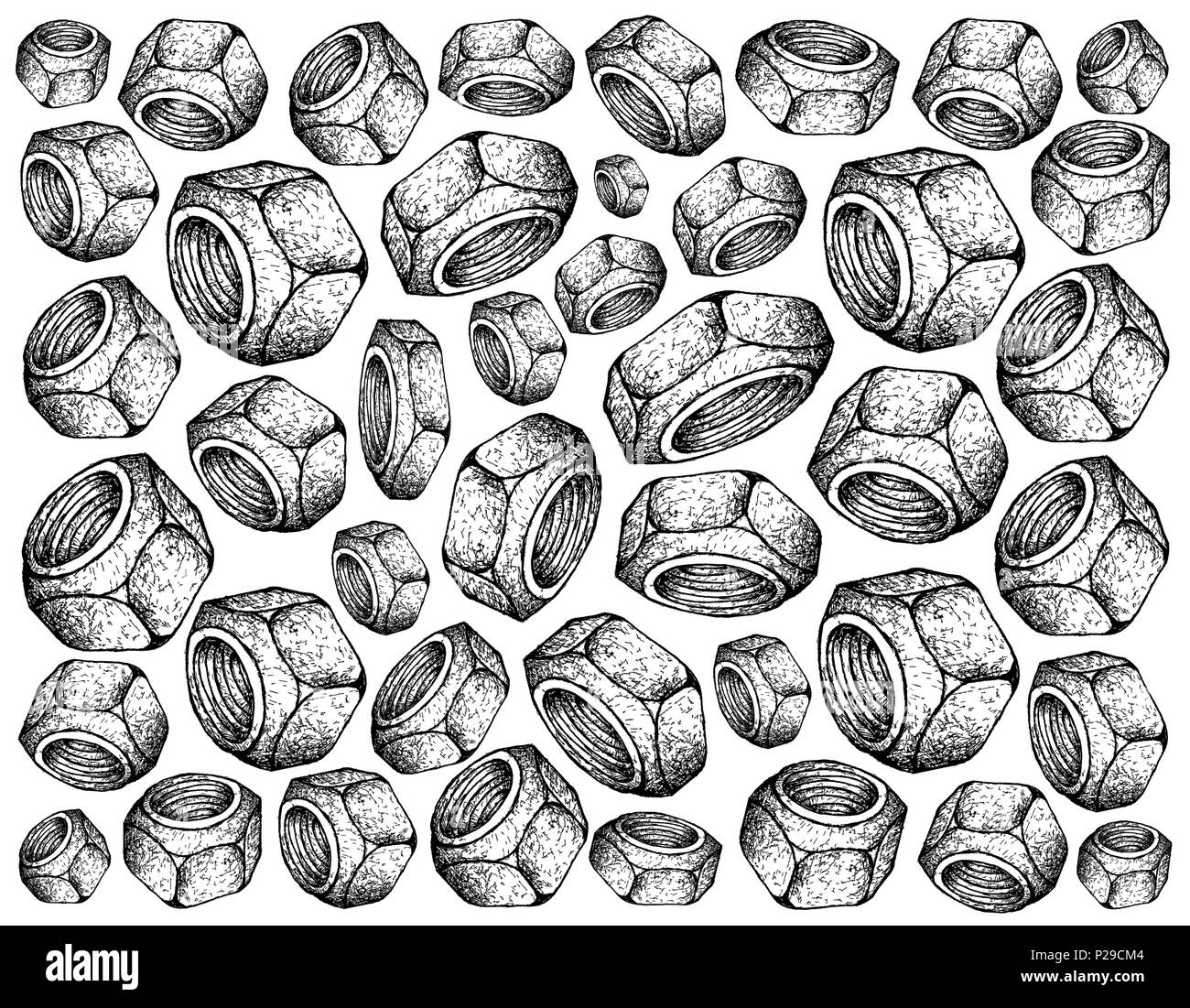 La produzione e l'industria, Illustrazione disegnata a mano lo schizzo di sfondo di un controdado a coppia prevalente. Un dispositivo di fissaggio con foro filettato. Foto Stock