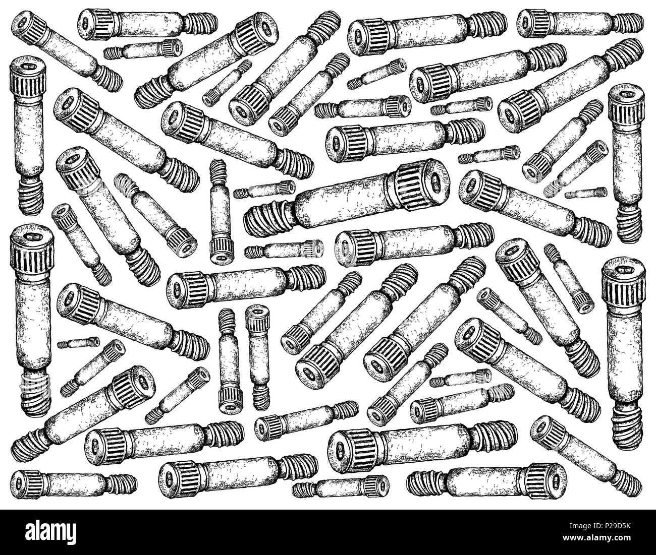 La produzione e l'industria, Illustrazione disegnata a mano lo schizzo di Sfondo spalla di bulloni o viti di estrazione. Un tipo di dispositivo di fissaggio utilizzato per creare Foto Stock