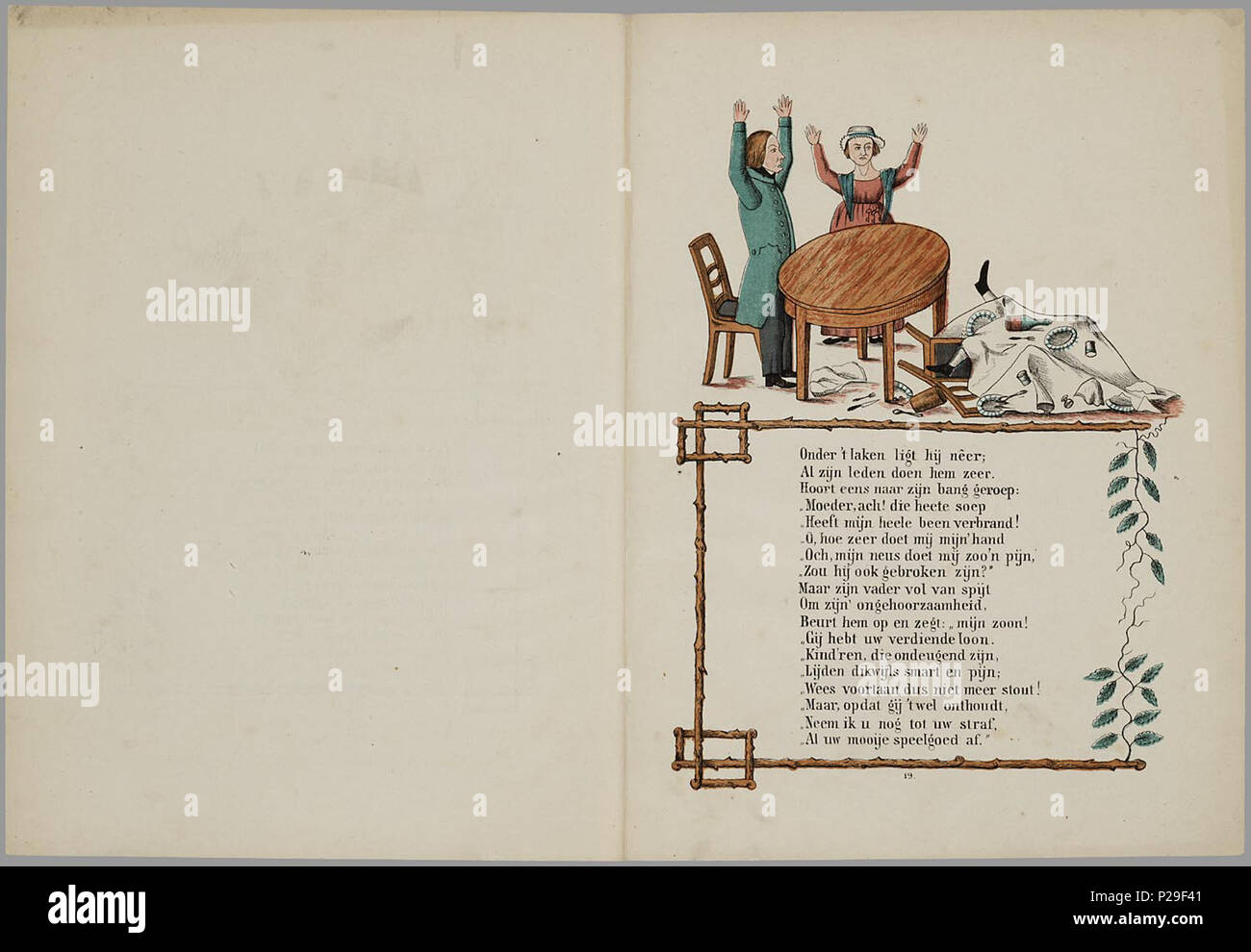 . Een aardig prentenboek incontrato leerzame vertellingen / naar het beroemde Hoogduitsche kinderwerk 'Der Struwwelpeter', voor Nederlandsche jongens en meisjes porta bewerkt W.P. Razoux. Herdr. 20 bl : gekl. ill // De keerzijde der bladen è onbedrukt // De oorspronkelijke autore è Heinrich Hoffmann // Datering en verdere gegevens: Theo Gielen in 'Tot volle waschdom' p. 151-164. De tekeningen zijn vermoedelijk van H.L. van Hoogstraten en Hendrik Scheeve // 1e Ned. uitgave: 1848 // bevat 8 verhalen: De geschiedenis van den wreeden Jan ; De geschiedenis van de zwarte jongens ; De geschiedenis van den Foto Stock