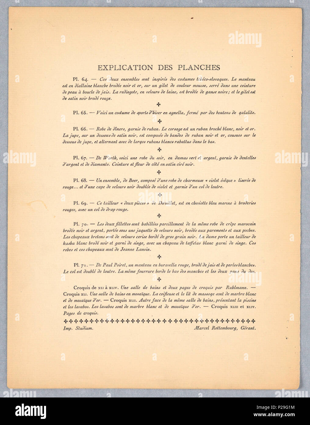 . Inglese: stampa, Gazette du Bon Ton, Vol. 2, n. 9, pagine de Croquis, la piastra 43, 1920 . Inglese: gruppo di tre stampe litografiche: una pagina di copertina con testo stampato, una spiegazione delle piastre con testo stampato, uno schizzo con il testo scritto a mano e le illustrazioni. Illustrazione primario: un rettangolo verticale. Disegni di mobili tra cui due viste della cattedra al fondo, comò, e del disegno di interni riccamente decorati contenuta all'interno di frontiere tracciate. . 1920 267 Stampa, Gazette du Bon Ton, Vol. 2, n. 9, pagine de Croquis, la piastra 43, 1920 (CH) 18509403-2 Foto Stock