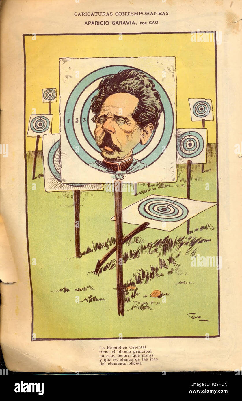 . Español: Caricatura de Aparicio Saravia por Cao aparecida en Caras y Caretas . 1903. José María Cao Luaces (1862-1918) 52 Caricatura de Aparicio Saravia por Cao Foto Stock