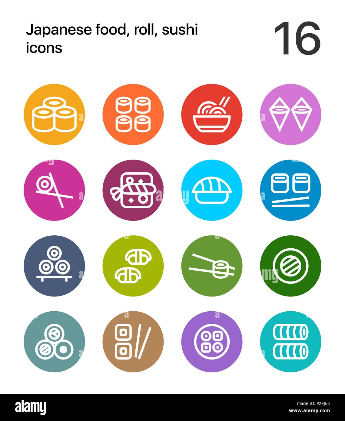 Colorato il cibo giapponese e sushi icone per il web e app Illustrazione Vettoriale