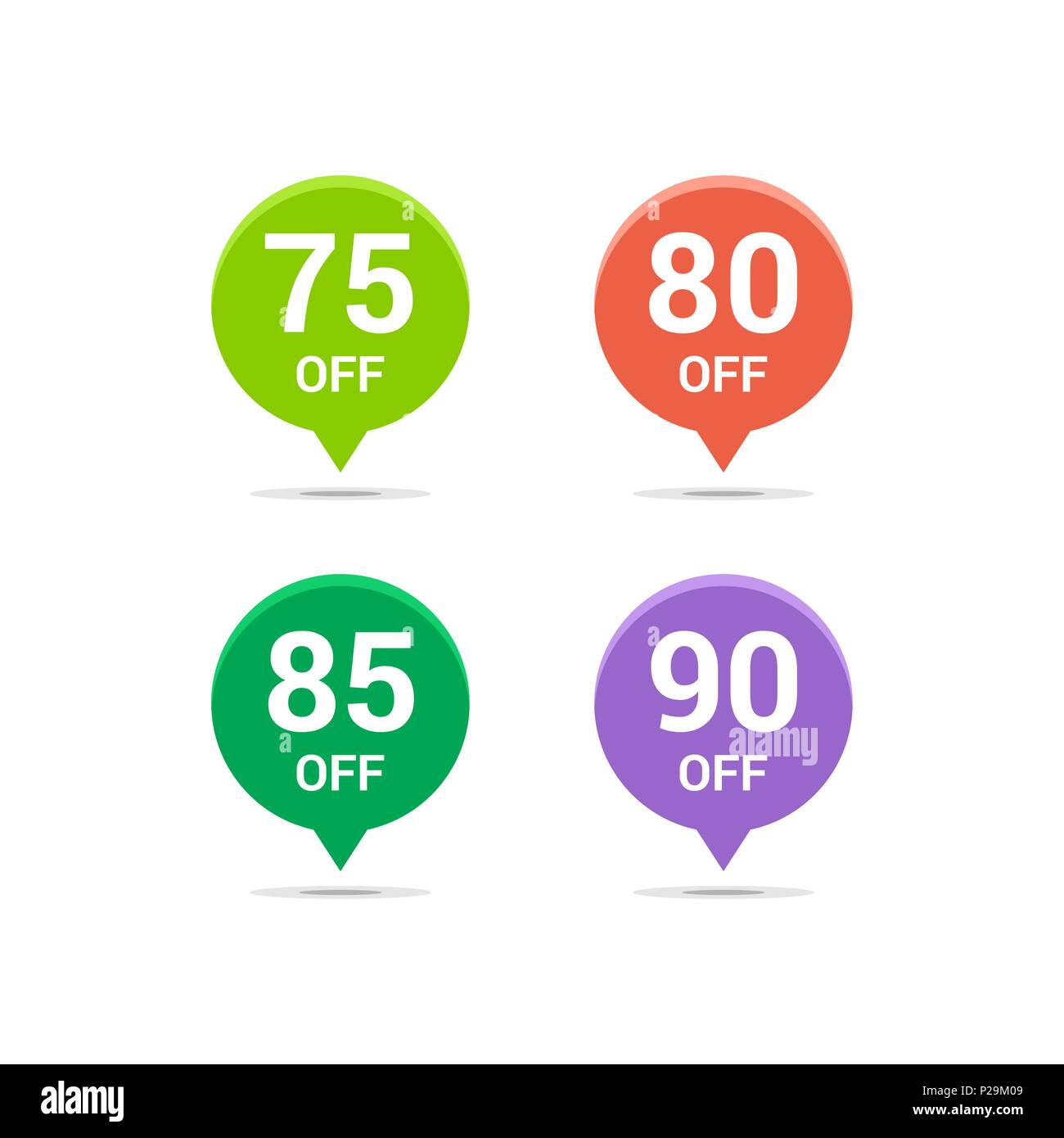 Vendita convenienti icone. Prezzo offerta speciale segni. 75, 80, 85 e 90 percento di sconto riduzione dei simboli. Vettore colorati elementi piatti distintivi Illustrazione Vettoriale