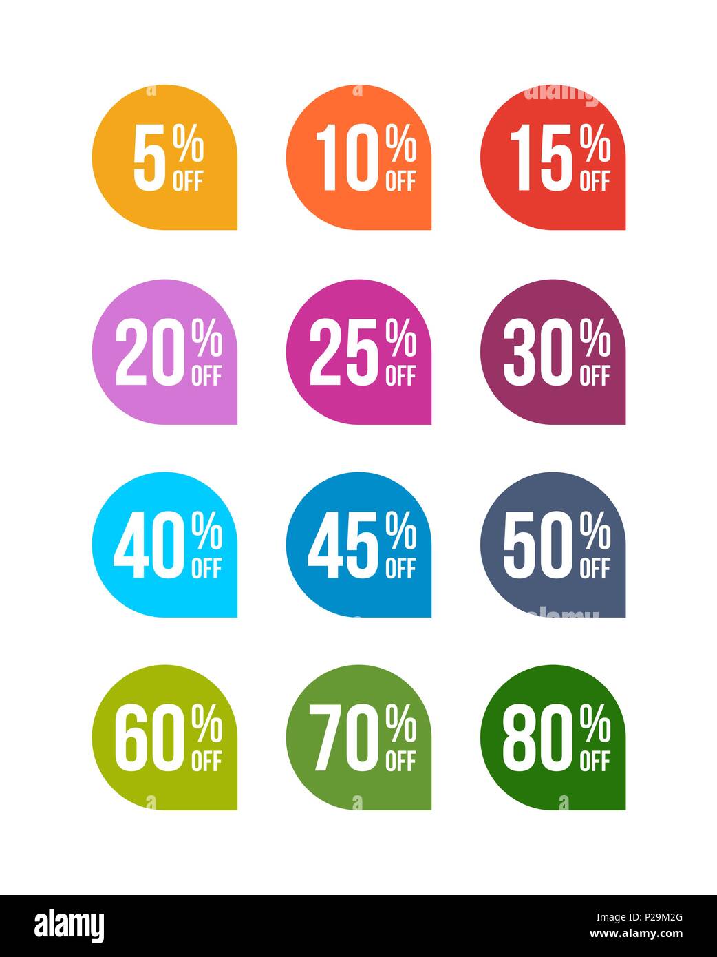 Vendita off badge colorati tag simbolo di sconto al dettaglio segno sticker prezzo pack Illustrazione Vettoriale