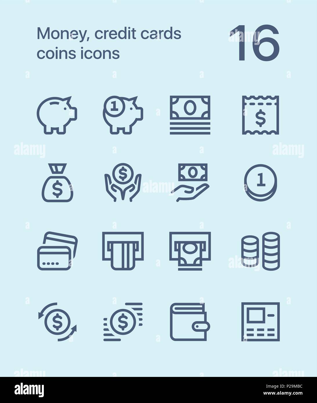 Delineare il denaro, carte di credito, monete icone per il web e i dispositivi mobili pack 1 Illustrazione Vettoriale