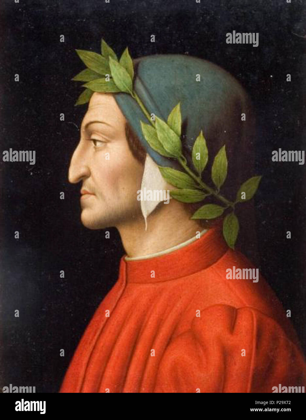 . Italiano: Ambito culturale: ambito lombardo. Descrizione: Il personaggio è raffigurato un mezzo busto di profilo, con veste rossa e collo alto profilato di bianco, copricapo verde su cui posa una corona d'alloro con foglie verde pallido. Notizie storico-critiche: La tavoletta fa parte di una serie di quattro raffiguranti altrettanti poeti [...], che appartengono tutte evidentemente ad una stessa mano. Sul retro di una di esse si legge "attribuito ad Angelica Kaufmann'. L'attribuzione dovrebbe stendersi anche al ritratto di Dante. L'autore però è piuttosto modesto delle Nazioni Unite artista della prima metà Foto Stock