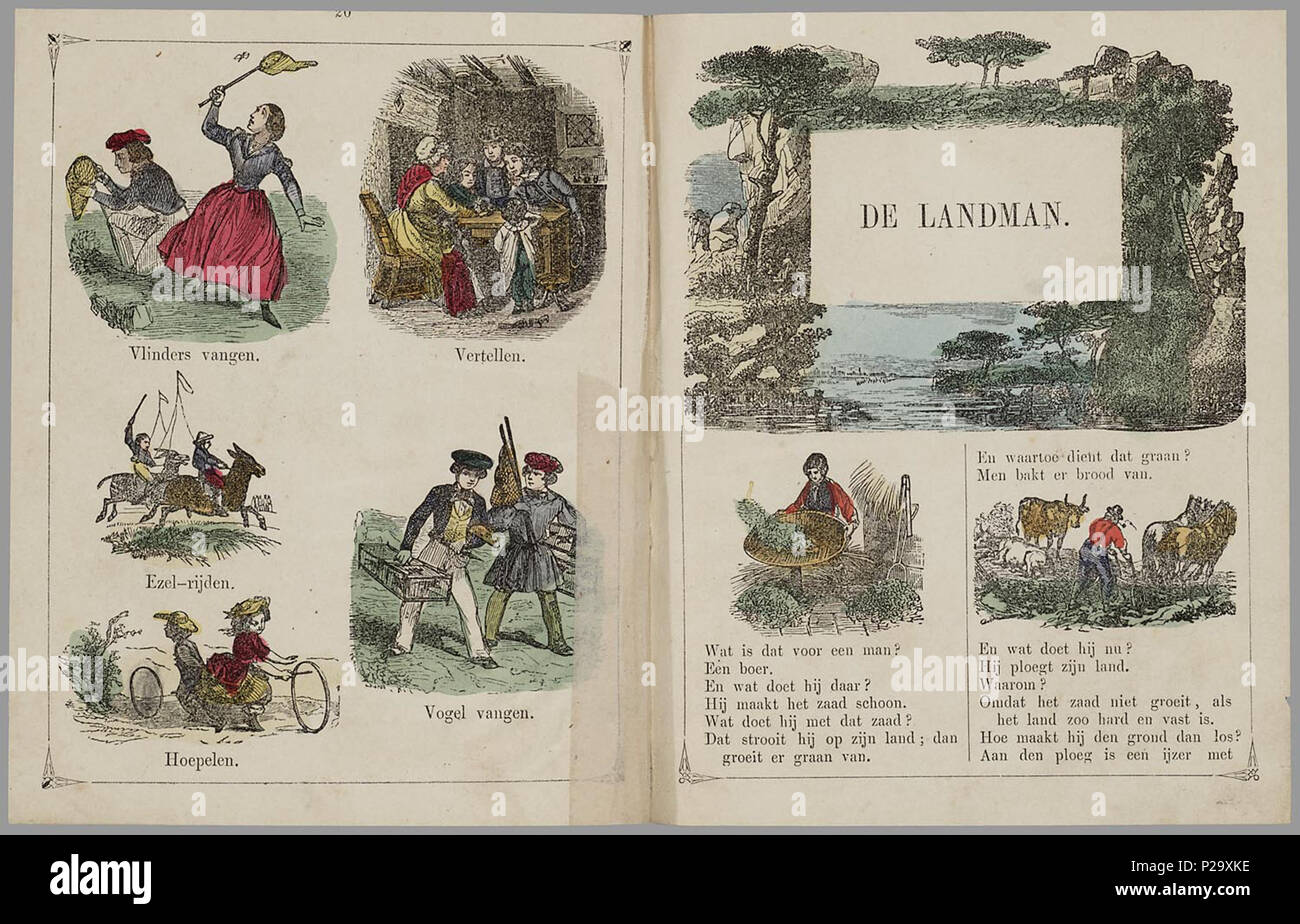. Leerzaam allerlei voor de lieve kleinen. Prentenboek met meerdere handgekleurde plaatjes per pagina. Het abc (9 p.) heeft bij elke (sier)lettera 3 lettertypen en een afbeelding; de getallen (5 p.) tonen de cijfers van 1 tot 10 en romeinse cijfers; de uitspanningen laten 24 plaatjes zien van diverse kinderspelen; bij de Landman (5 p.) volgt een vraag- en antwoordspel oltre werkzaamheden van de boer; dan 37 plaatjes van Dieren met een omschrijving van het geluid dat ze maken; 22 plaatjes van vervoermiddelen, vooral schepen; en slot tot een aantal fabels. 50 p : handgekl. ill // met een 'Voorber Foto Stock