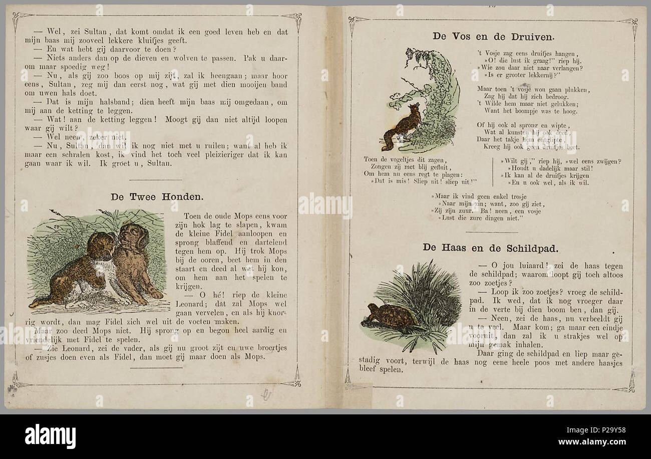 . Leerzaam allerlei voor de lieve kleinen. Prentenboek met meerdere handgekleurde plaatjes per pagina. Het abc (9 p.) heeft bij elke (sier)lettera 3 lettertypen en een afbeelding; de getallen (5 p.) tonen de cijfers van 1 tot 10 en romeinse cijfers; de uitspanningen laten 24 plaatjes zien van diverse kinderspelen; bij de Landman (5 p.) volgt een vraag- en antwoordspel oltre werkzaamheden van de boer; dan 37 plaatjes van Dieren met een omschrijving van het geluid dat ze maken; 22 plaatjes van vervoermiddelen, vooral schepen; en slot tot een aantal fabels. 50 p : handgekl. ill // met een 'Voorber Foto Stock