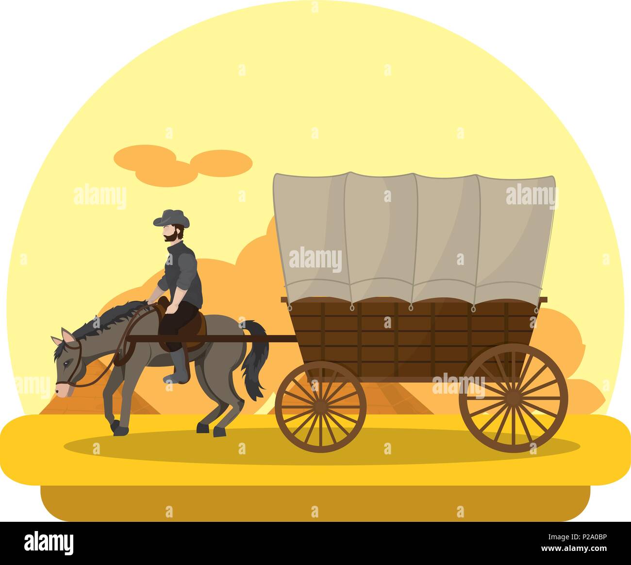L'uomo giri a cavallo con il trasporto nel deserto Illustrazione Vettoriale