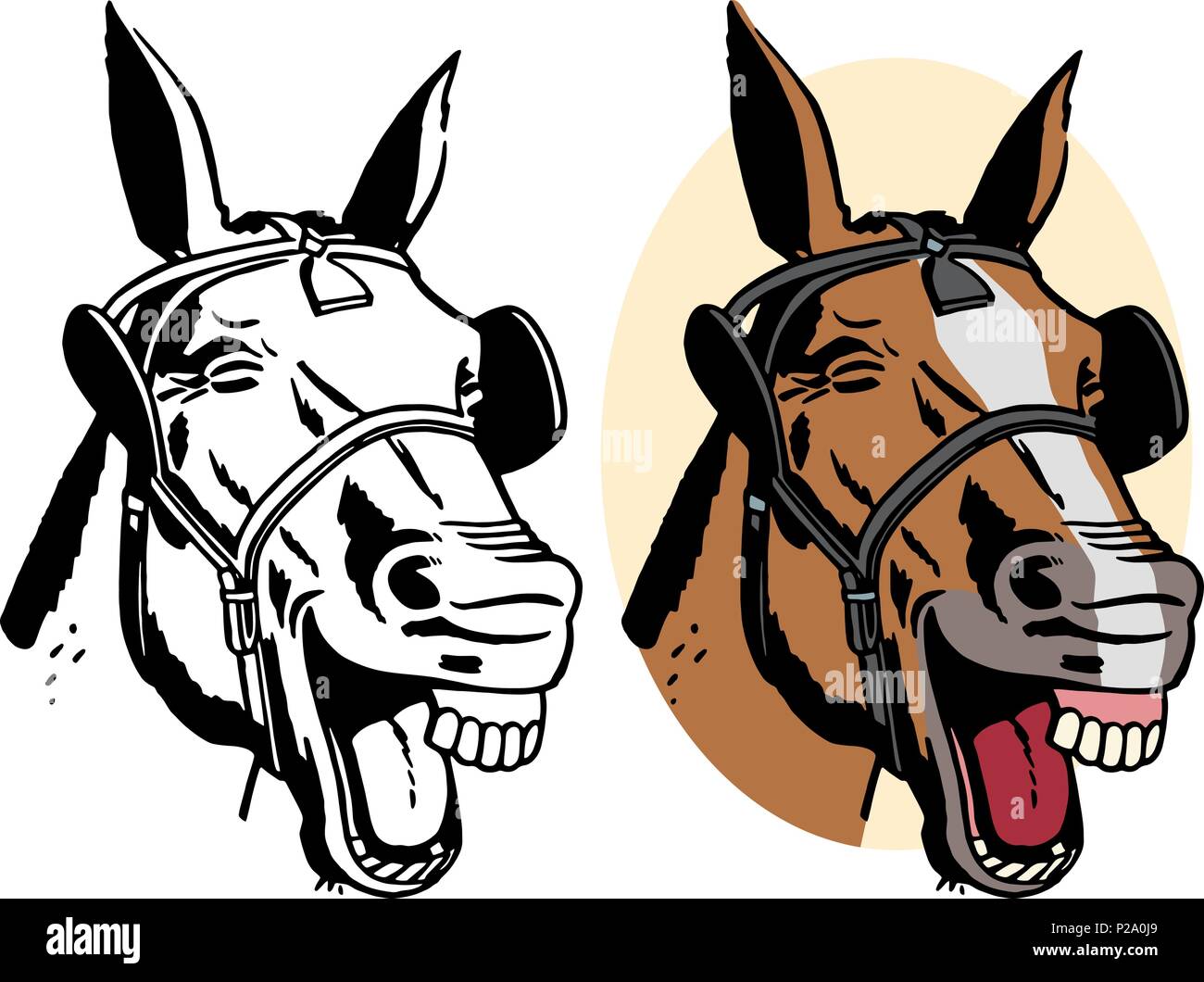 Un cartoon ritratto di una ridente testa di cavallo. Illustrazione Vettoriale