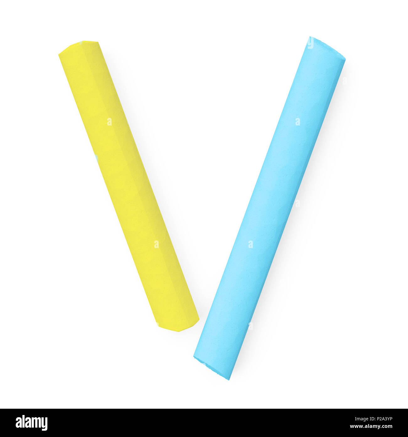 Marciapiede colorato o blackboard chalks assemblato come lettera maiuscola V su sfondo bianco, rendering 3D immagine font per l'educazione, arte e infantile di battitura Foto Stock