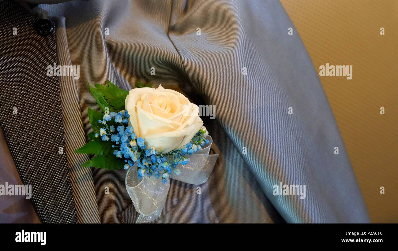 Una crema rosa con minuscoli fiori blu spilla per lo sposo imperniata su un blazer grigio Foto Stock