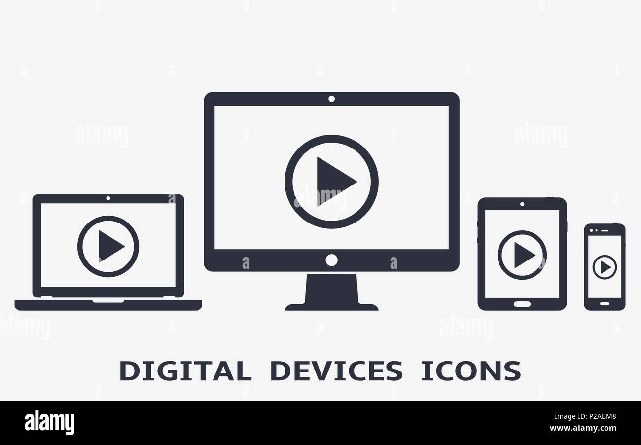 Icone della periferica: smart phone, tablet PC notebook e computer desktop con il pulsante play sullo schermo. Illustrazione Vettoriale di reattivo di web design. Illustrazione Vettoriale