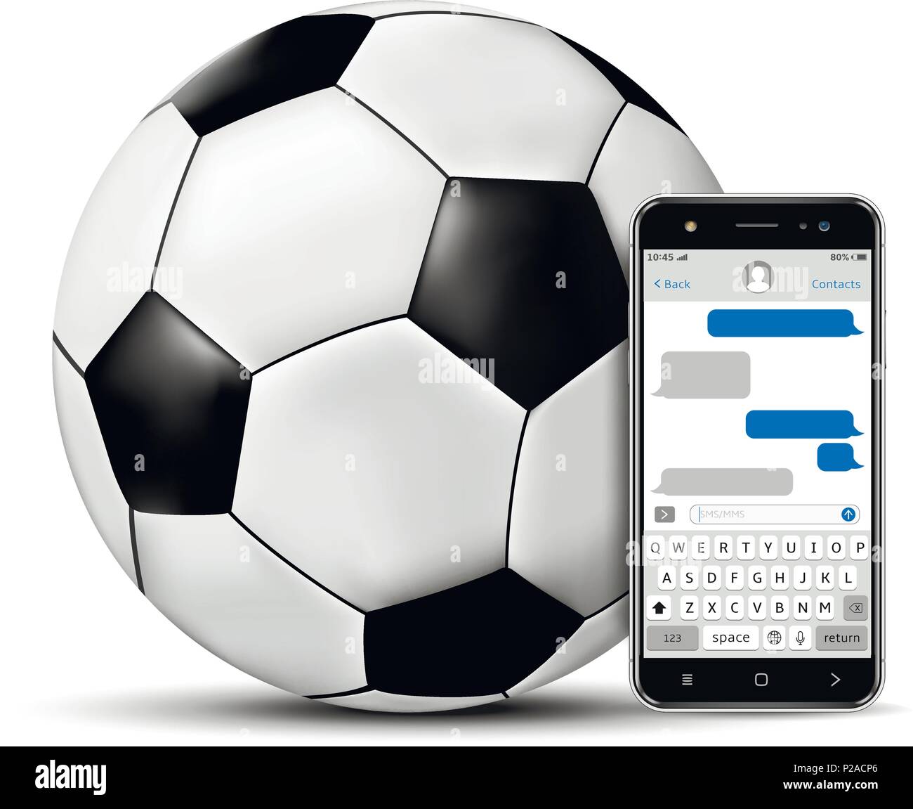 Sfera di calcio e smartphone con la chat sms app. Illustrazione Vettoriale. Illustrazione Vettoriale