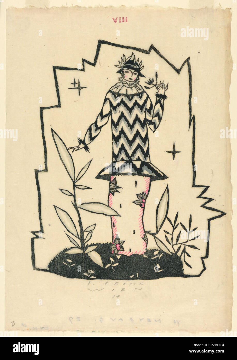 . Inglese: stampa, donna in un giardino, 1914 . Inglese: fashion design raffigurante una donna che indossa un cappello nero ornato wirh foglie, tunica con nero, grigio e bianco a zig-zag, design e una lunga rosa mantello fiorito. Essa sorge su una chiazza di erba e fiori ed è racchiuso in un frastagliato confine geometrico. . 1914 269 Stampa, donna in un giardino, 1914 (CH) 18501623 Foto Stock