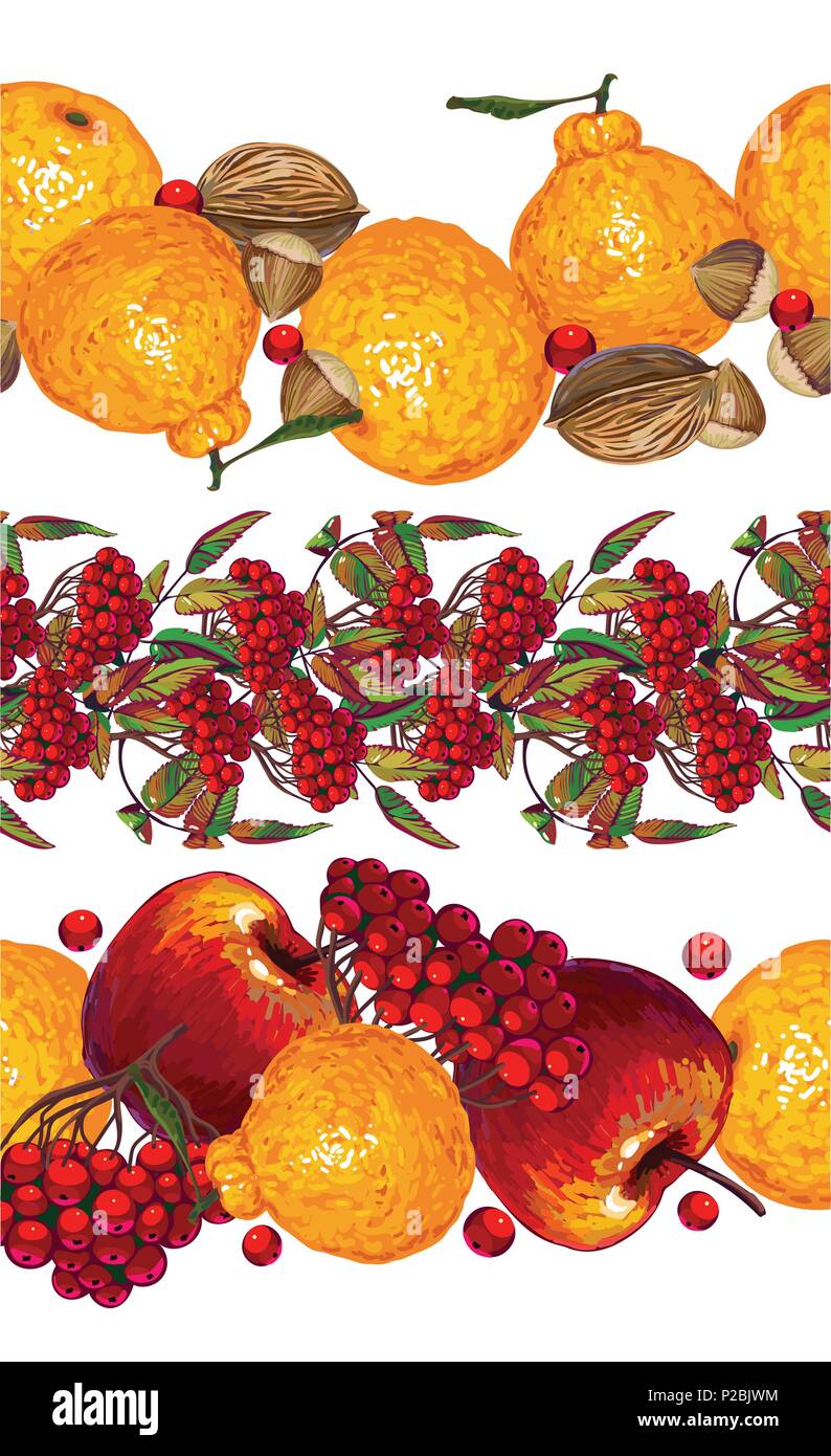 Set di orizzontale modelli senza soluzione di continuità con i tangerini, rowan, i dadi e le mele. Illustrazione Vettoriale Illustrazione Vettoriale