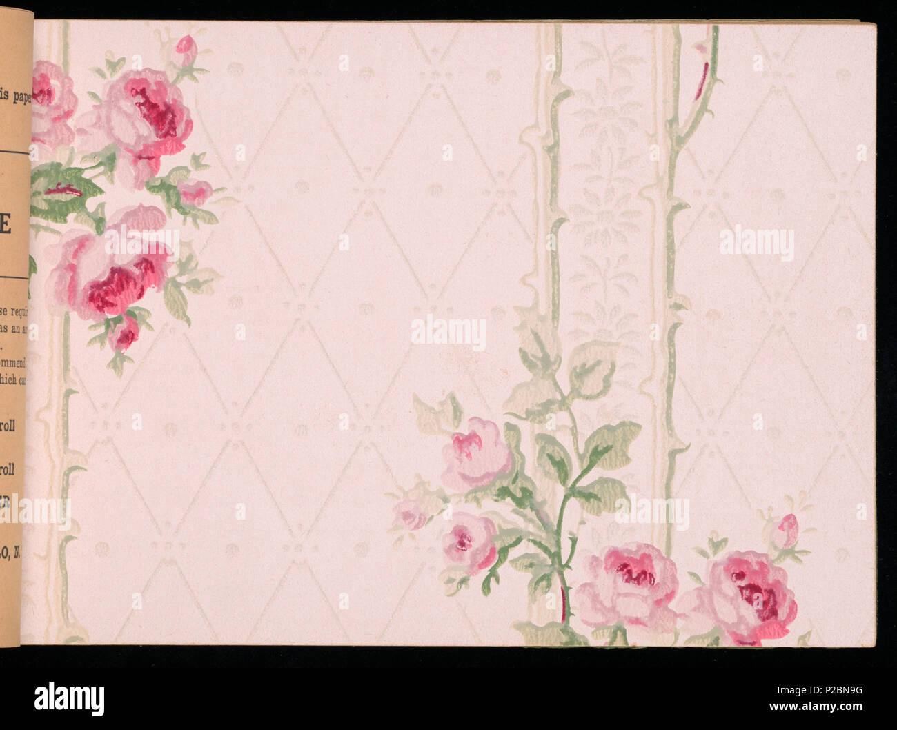 . Inglese: Campione Prenota, Larkin Wallpaper Libro, No. 4, ca. 1915 . Inglese: ordine di posta libro campione che include il design per ogni ambiente della casa. Include disegni floreali, imitazione arazzo, piastrelle, tessuti, verniciati o sanitari, stampate e di pianura fiocchi d'avena, ecc. Nessun massimale indipendente papers mostrato. Ciascuna parete laterale è mostrata con un bordo e un soffitto di carta. Foto in bianco e nero di rappresentazioni di selezionare le combinazioni di carte da parati. I prezzi variano da .14-.50 centesimi a doppio rotolo. . Circa 1915 283 campione prenota, Larkin Wallpaper Libro, No. 4, ca. 1915 (CH) 18476109-4 Foto Stock