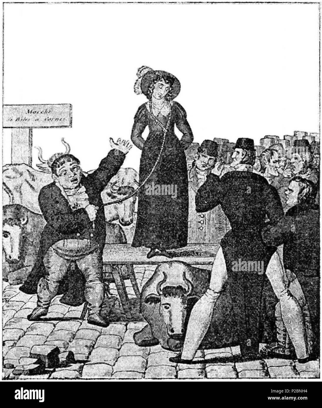 . Inglese: una incisione satirico del pittoresco inglese personalizzato di 'moglie-vendita", che non era del tutto ciò che sembra, ma era più un rituale tra le classi più basse - che non potrebbe eventualmente ottenere un funzionario al Parlamento di pieni di divorzio, consentendo il matrimonio, date le leggi di Inghilterra come essi esistevano già prima del 1857 - per proclamare pubblicamente una dissoluzione del matrimonio (anche se non quella che è stata realmente riconosciuto dalle autorità della Chiesa e dello stato). Questo è un 1820 caricatura Inglese (anche se il segno dice 'Marché de Bêtes à Cornes'). Si noti come l'artista ha predisposto le cose in modo che il bestiame è Foto Stock