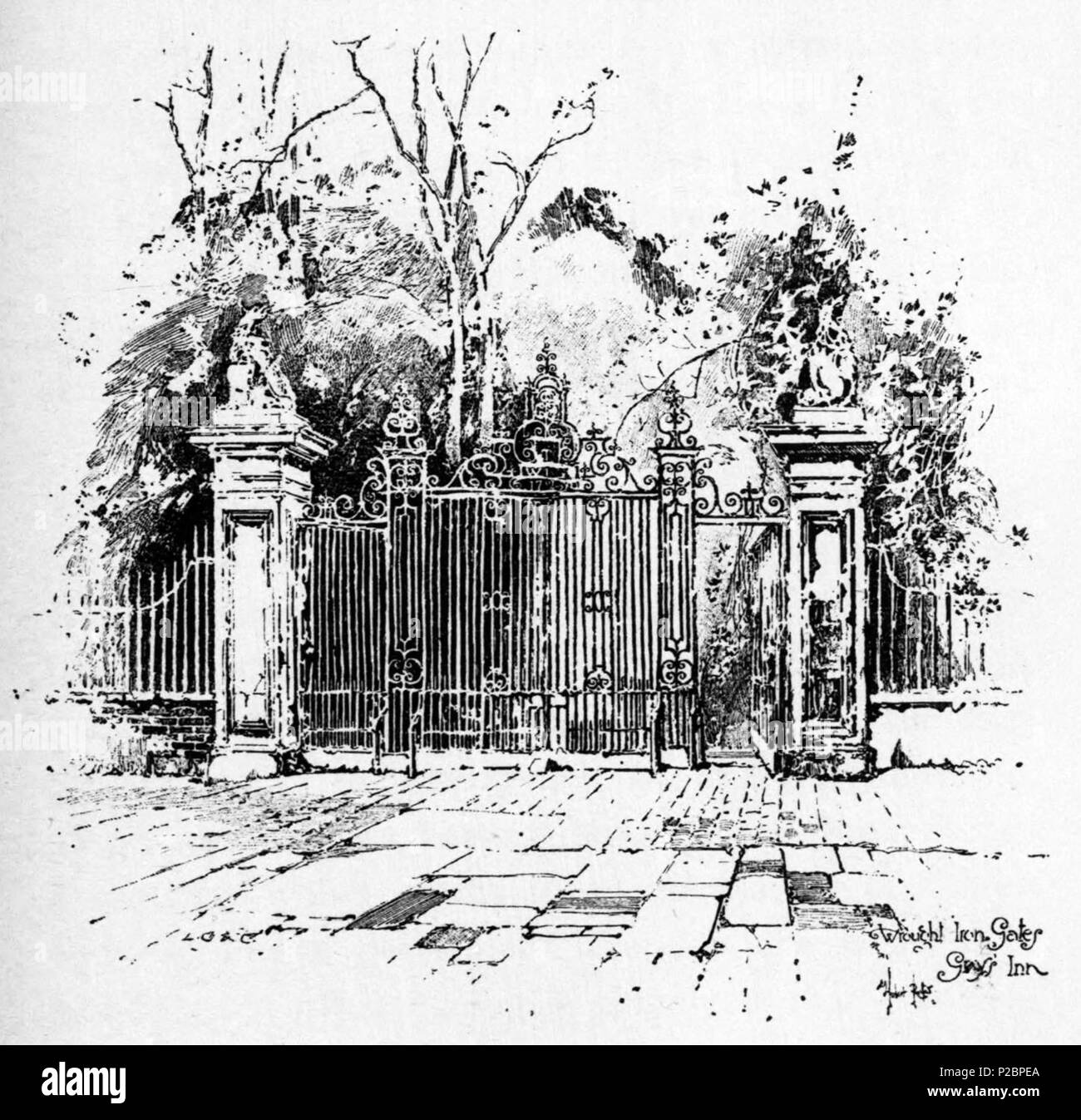 . Inglese: Herbert Railton dell'illustrazione dei cancelli in ferro battuto di Gray's Inn . circa del 1895. Herbert Railton (1857-1910)[1] 146 Herbert Railton - cancelli in ferro battuto, Gray's Inn (modificato) Foto Stock