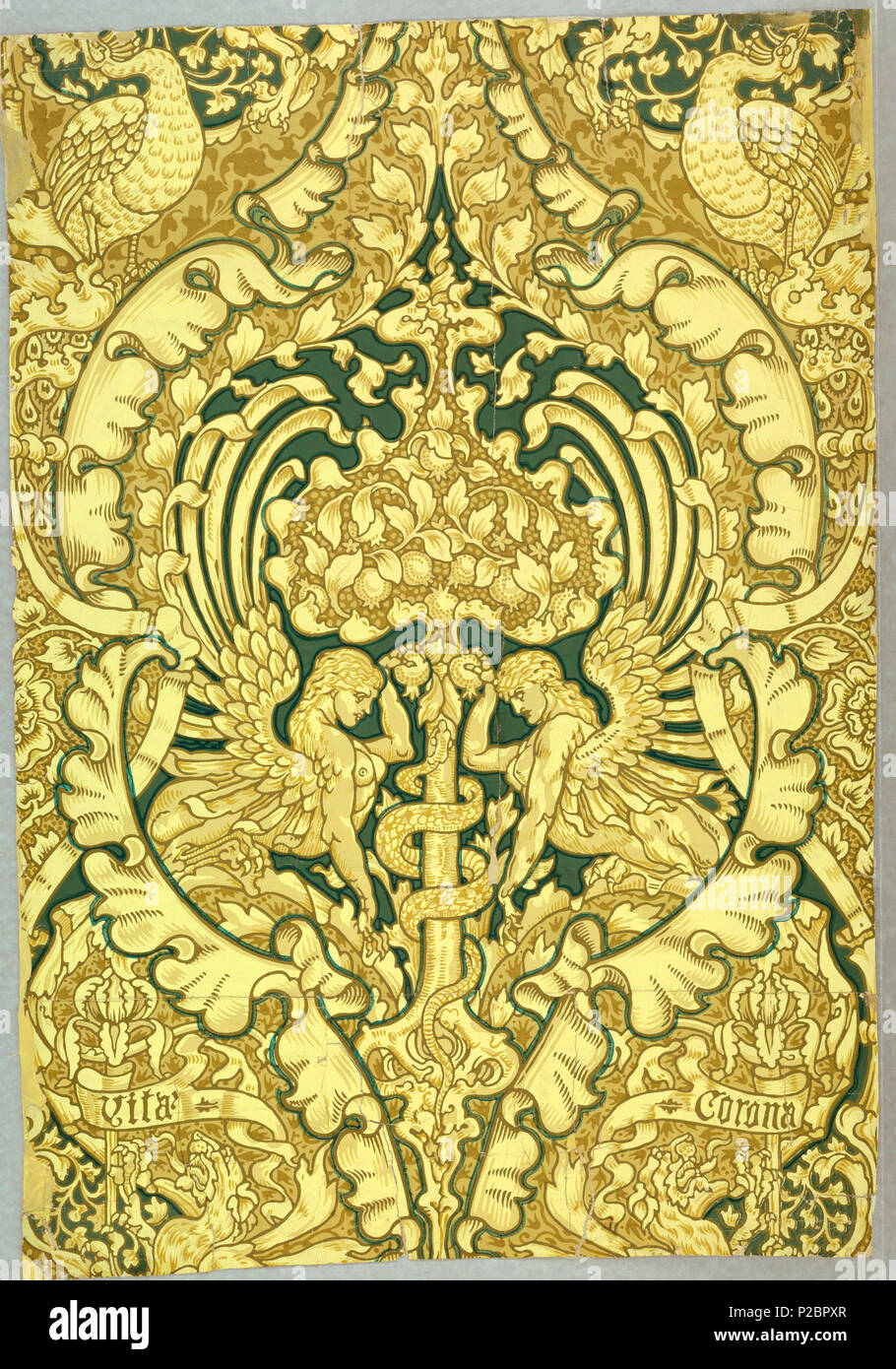 . Inglese: il fianco, 'corona' Vita [corona della vita], 1890 . Inglese: design simmetrico di affrontare sfingi collocate sotto un albero della vita recanti un serpente intrecciano intorno al suo tronco. Tutto questo in un cartiglio definito da foglie di acanto. Al di sopra di cartiglio, su entrambi i lati, due pavoni. Al di sotto di cartiglio, due banner: la sinistra si legge "Vita", banner di destra si legge: 'corona'; stampati in giallo pallido e beige chiaro e scuro, olive e verdure. . 1890 292 fianco, "Corona Vita" (la corona della vita), 1890 (CH) 18615685-2 Foto Stock