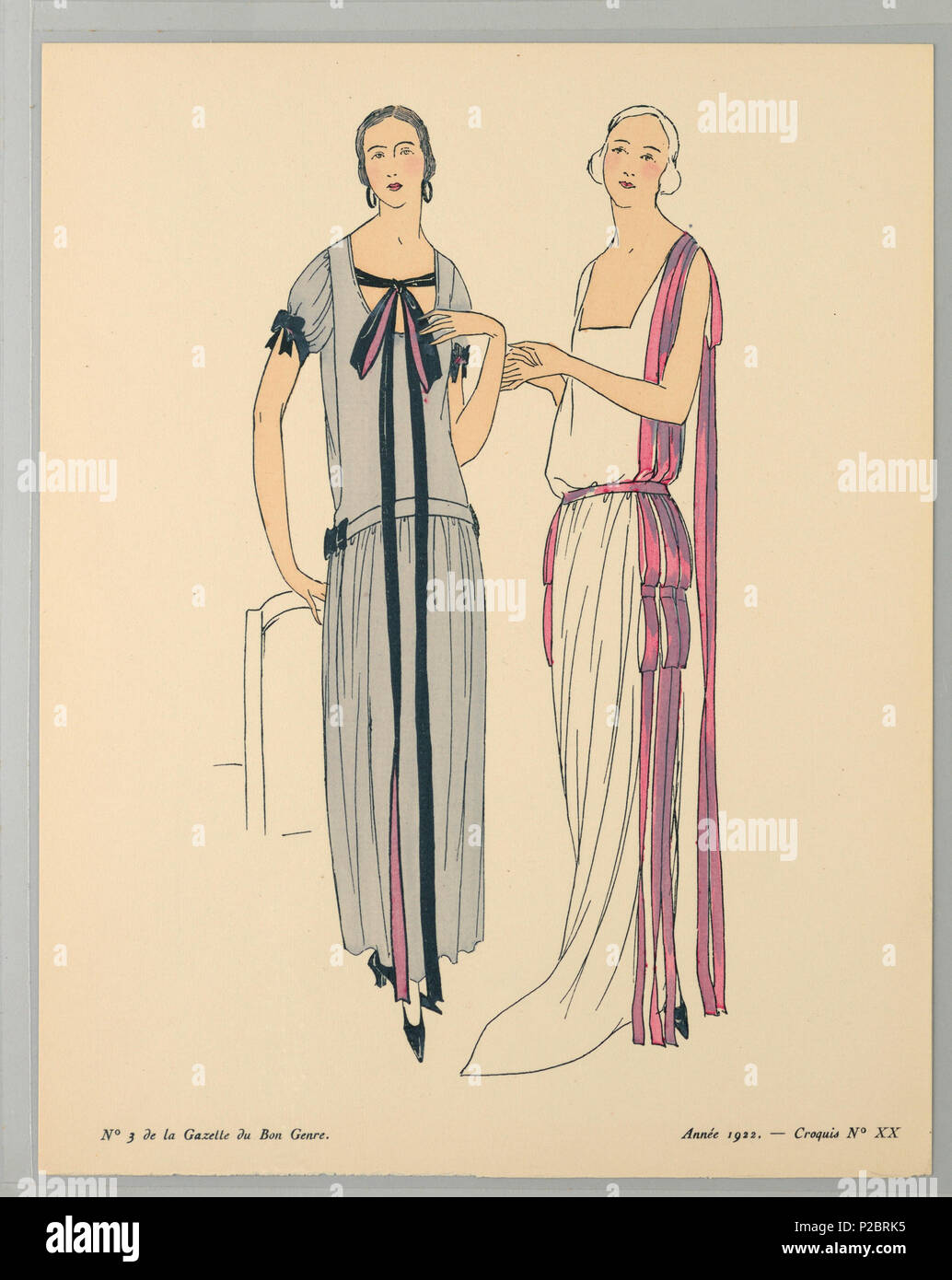 . Inglese: Stampa (Francia), 1922 . Inglese: Centro di due donne che stanno insieme nella conversazione. La donna sulla destra indossa un grecian ispirati a tutta lunghezza abito con scollo quadrato, drop in vita, e il nastro rosa looping in corrispondenza dei bracci occhio e ancora in vita il nastro pende verso il basso lungo la lunghezza del corpo della donna. La donna alla sua sinistra indossa una caduta di grigio vestito di cintura con gonna plissettata e sleves soffiato. I manicotti, fianchi e scollatura del suo vestito sono decorate con archetti di nero e rosa a doppia faccia ribbion. . 1922 261 Stampa (Francia), 1922 (CH) 18614991 Foto Stock