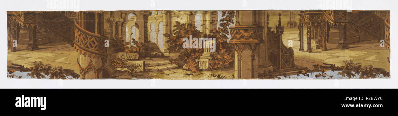 . Inglese: fianco (eventualmente USA), ca. 1900 . Inglese: ramo orizzontale di nastro di carta da parati unite il taglio tra due e una metà larghezza di carta che mostra le rovine classiche, gotico tracery, balaustre e arbusti. Drop corrispondono, ripetizione completa non mostrato. . Circa 1900 289 fianco (eventualmente USA), ca. 1900 (CH) 18407093 Foto Stock
