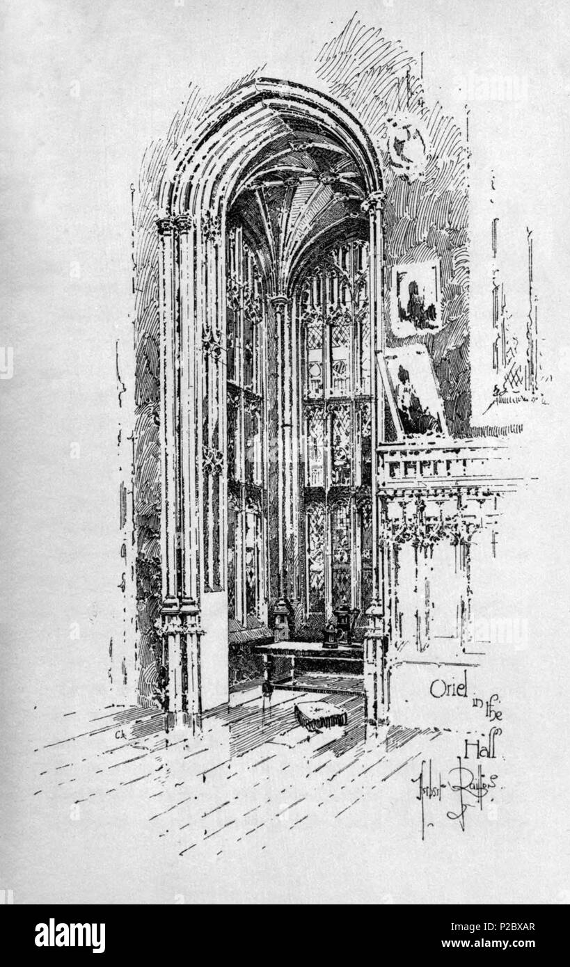 . Inglese: Herbert Railton dell'illustrazione di una finestra a bovindo . circa del 1895. Herbert Railton (1857-1910)[1] 146 Herbert Railton - Oriel nella Hall Foto Stock