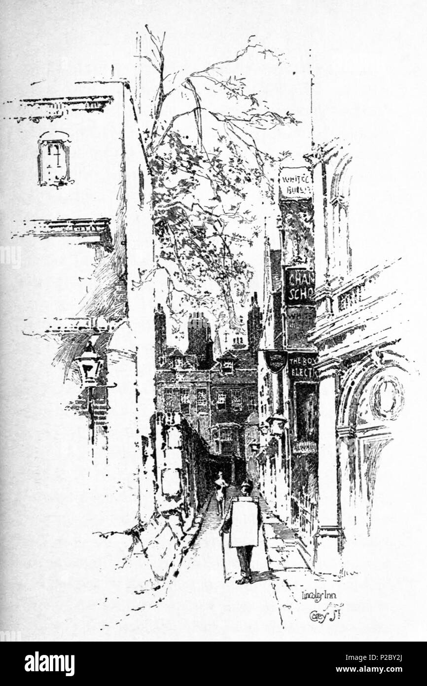 . Inglese: Herbert Railton dell'illustrazione di Lincoln' s Inn, vista da Carey Street . circa del 1895. Herbert Railton (1857-1910)[1] 146 Herbert Railton - Lincoln' s Inn da Carey Street (modificato) Foto Stock
