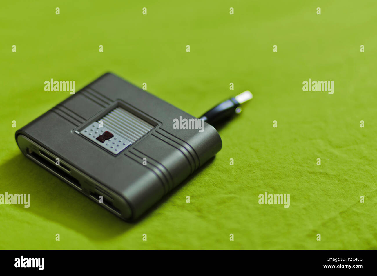 Una foto di un lettore di schede esterno su uno sfondo verde. Un multi-card reader per schede miniSD, microSD MMCmicro, SD / MMC, M2, MS / Duo, e CF/MD carte. Foto Stock