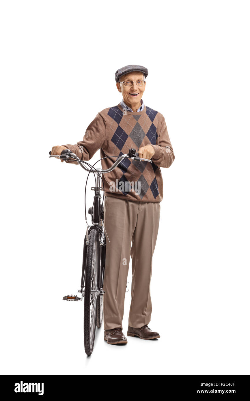 A piena lunghezza Ritratto di un senior con una bicicletta isolati su sfondo bianco Foto Stock