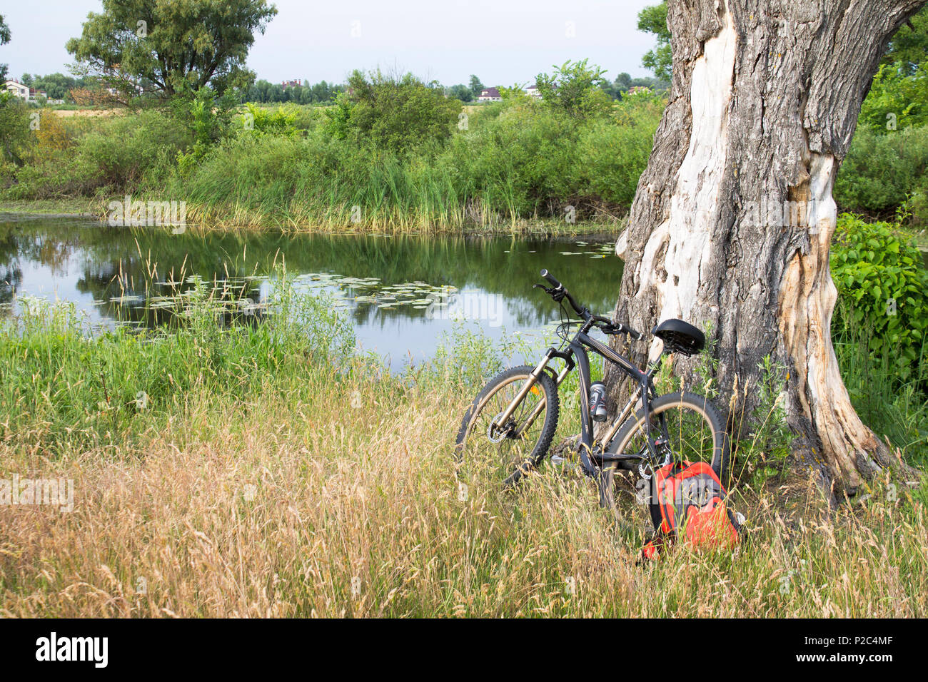 Foto di sport moderno bicicletta parcheggiata vicino al lago. Orario estivo Foto Stock