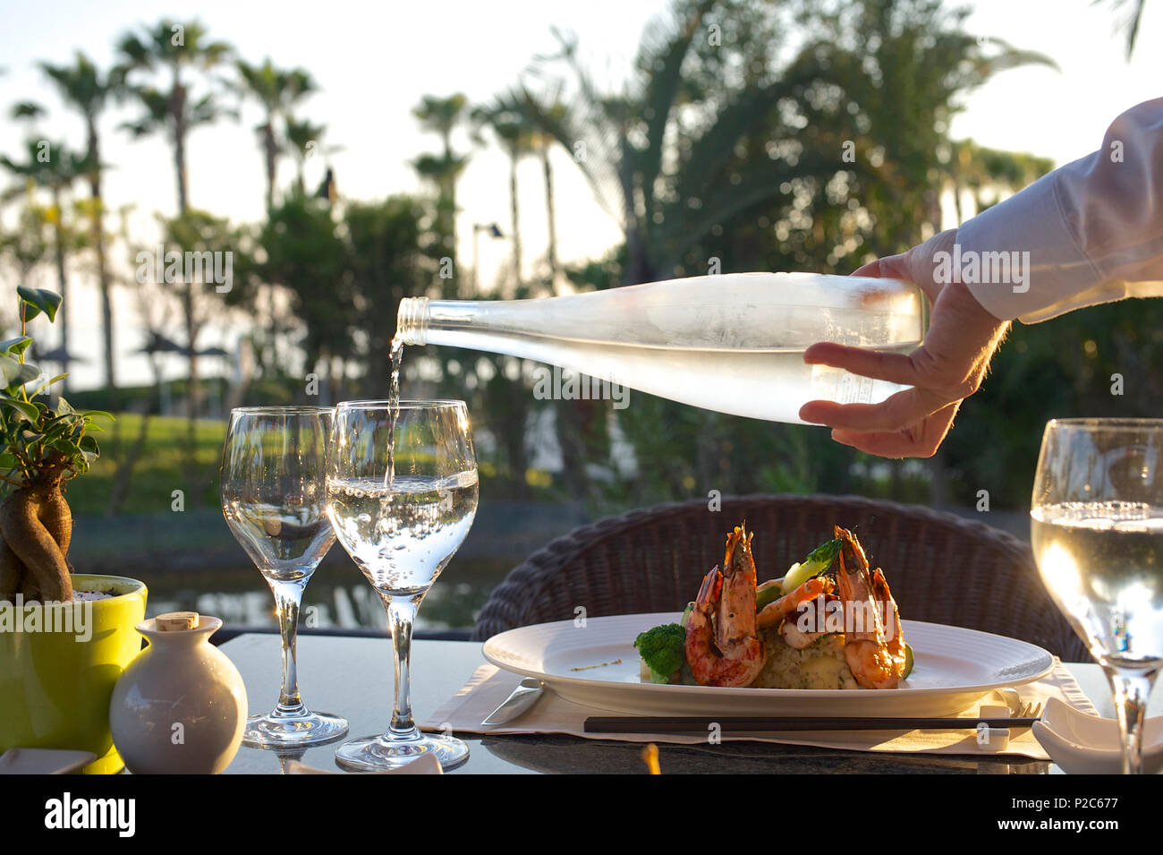 Posizionare l'impostazione con bicchieri di vino, gamberoni e la mano del cameriere che serve l'acqua nel ristorante con giardino con alberi di palma in bac Foto Stock