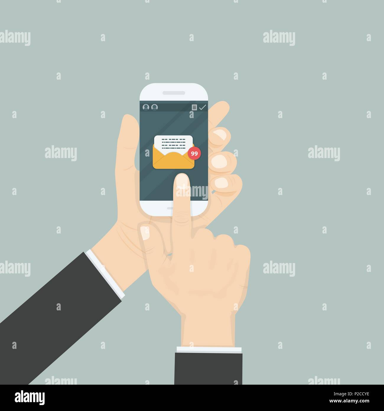 Mano azienda smartphone e toccando lo schermo con la messaggistica di testo.Smartphone con nuovo messaggio sullo schermo.Chat,SMS,Instant messaging.Mobile Messenger conc Illustrazione Vettoriale
