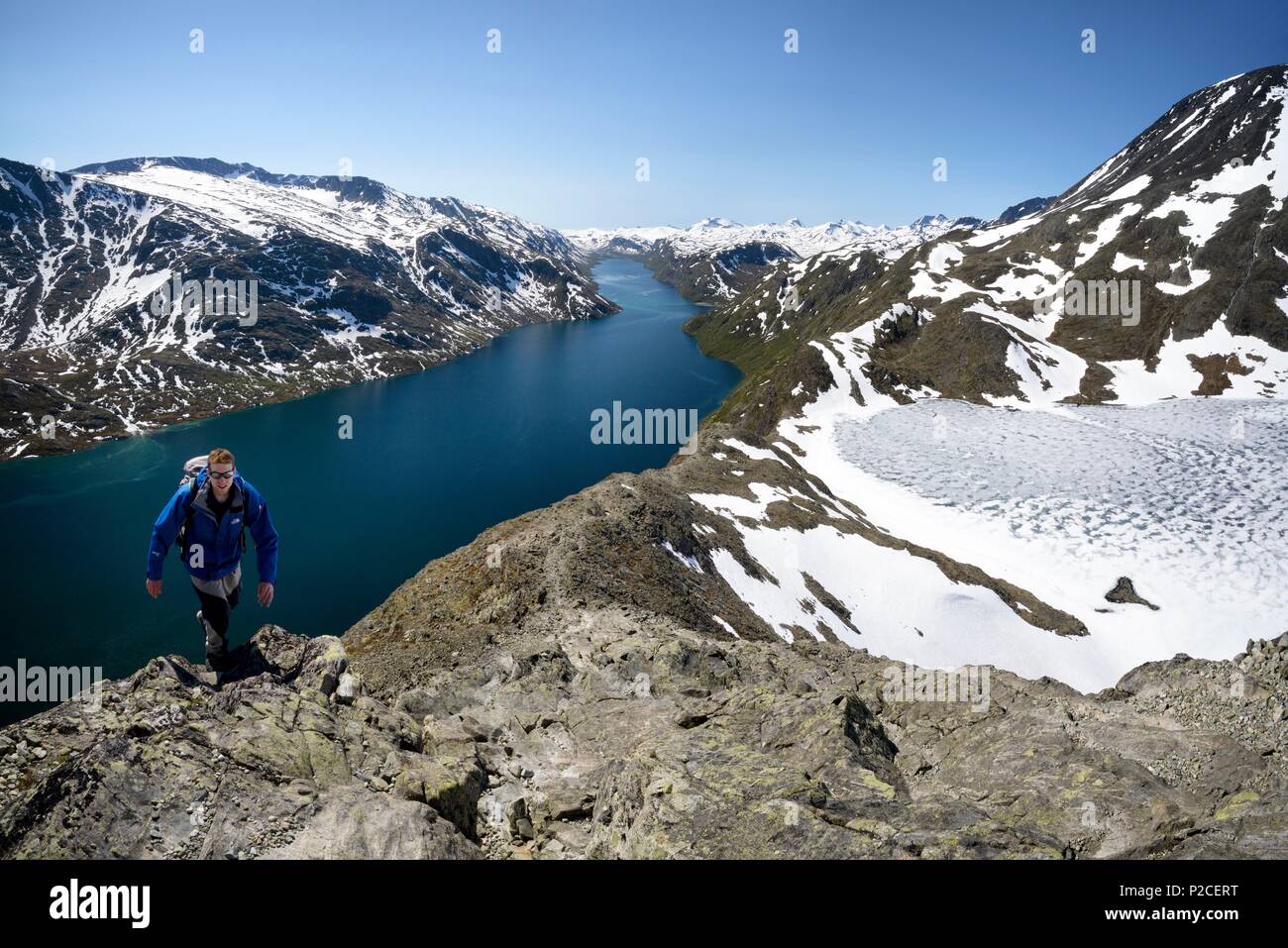 Norvegia, Oppland, vaga, parco nazionale di Jotunheimen, trekker sulla cresta Besseggen tra il Lago Gjende e lago Bessvatnet Foto Stock