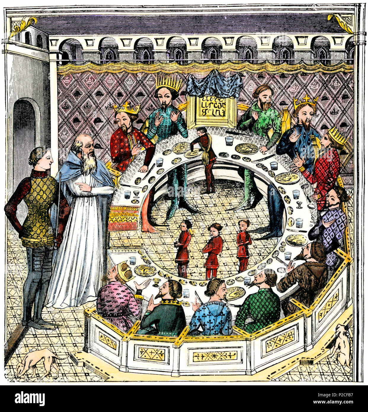 Tavola rotonda del re Artus della Bretagna. Colorate a mano la xilografia la riproduzione di un palazzo del XIV secolo miniatura Foto Stock