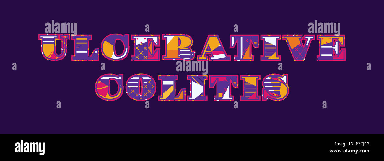 Le parole della colite ulcerosa concetto scritto in astratto colorato la tipografia. Foto Stock