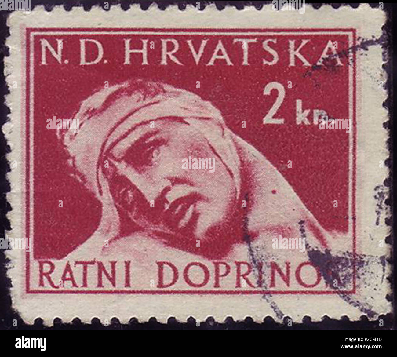 . ???????: ???????-????????? ????? ???????????? ??????????? ???????? Deutsch: Zwangszuschlagsmarke für die Kriegshilfe, 2 K. Michel 4. 1 gennaio 1944. B. Muhamed 61 TaxStampNDH1944michel4 Foto Stock