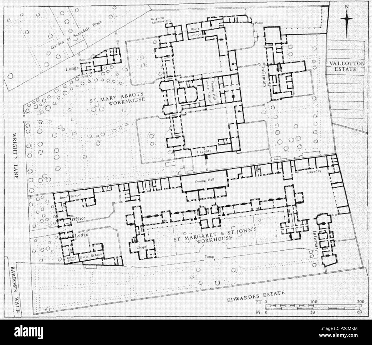 . Inglese: Piano di St Mary Abbots Hospital, mostrando un laboratorio di Kensington e il fabbricato di Santa Margherita e San Giovanni, Westminster, 1867. 1867. Basato su l'Ordnance Survey del 1862-72 53 St Mary abbots piano fabbricato Foto Stock