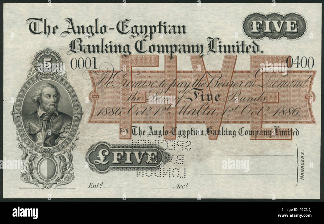 . Inglese: £5 banconota campione rilasciato dall'anglo-egiziana Co bancario a Malta - 1886 . 1886. Anglo-egiziana Banking Co. 4 anglo-egiziana Banking Co. Malta Cinque libbre modello 1886 Foto Stock