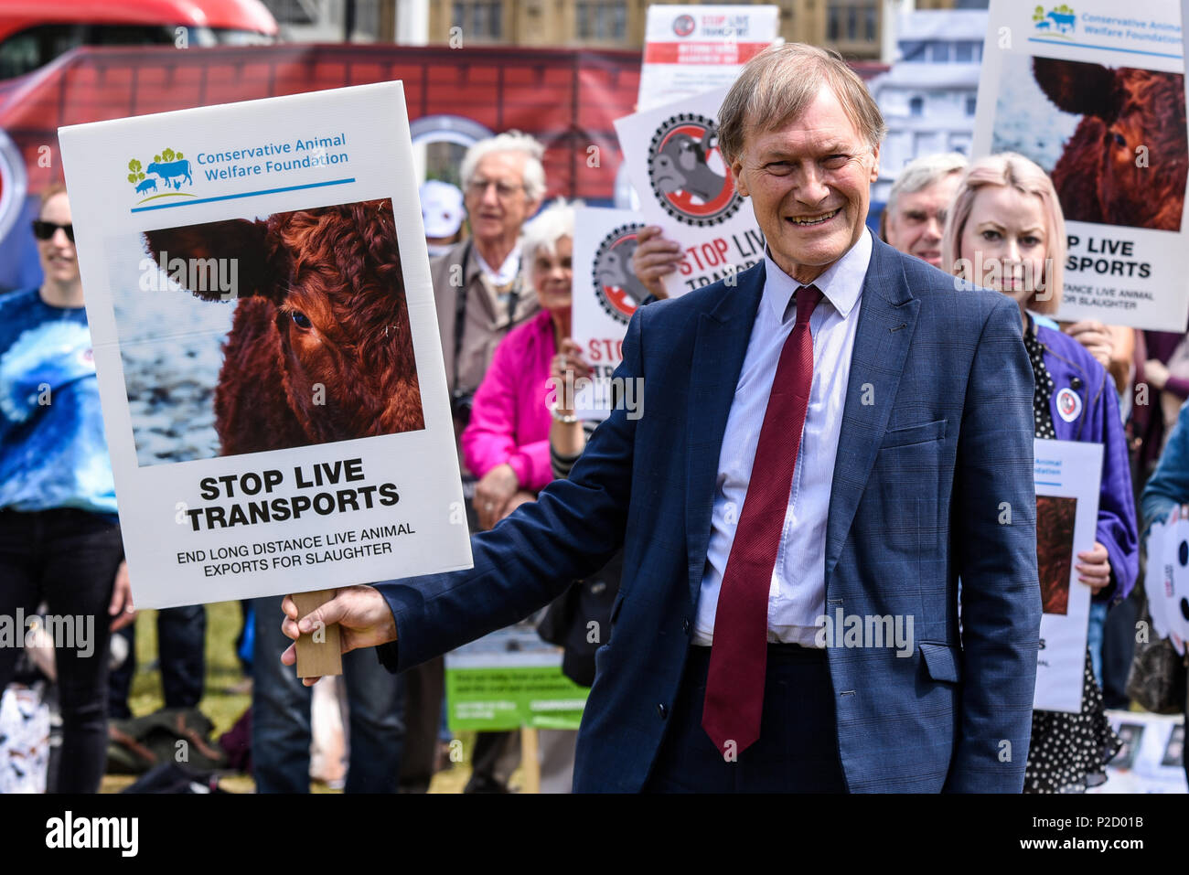 David Amess MP al raduno della campagna Stop Live Transport. Protestare, manifestare contro il trasporto a lunga distanza di bestiame. Southend West MP Foto Stock