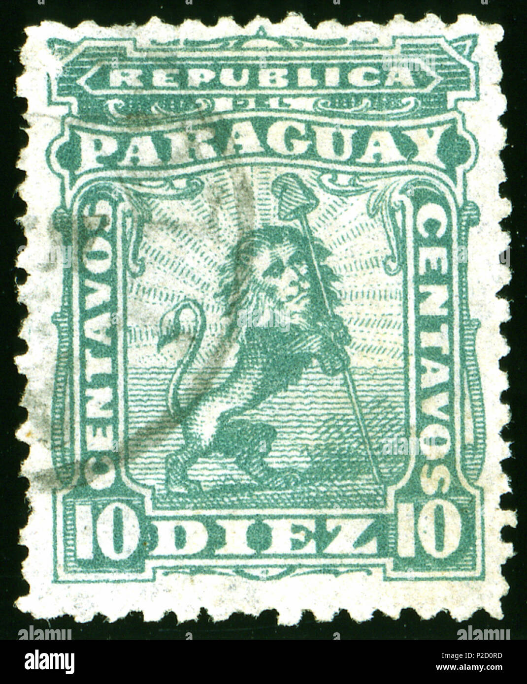 . Inglese: Timbro del Paraguay, 10 c blu-verde 1881, lastre litografiche. Michel N°8. 1881. 1 Jacquesverlaeken 1881 Paraguay DiezCentavos Mi8 Foto Stock