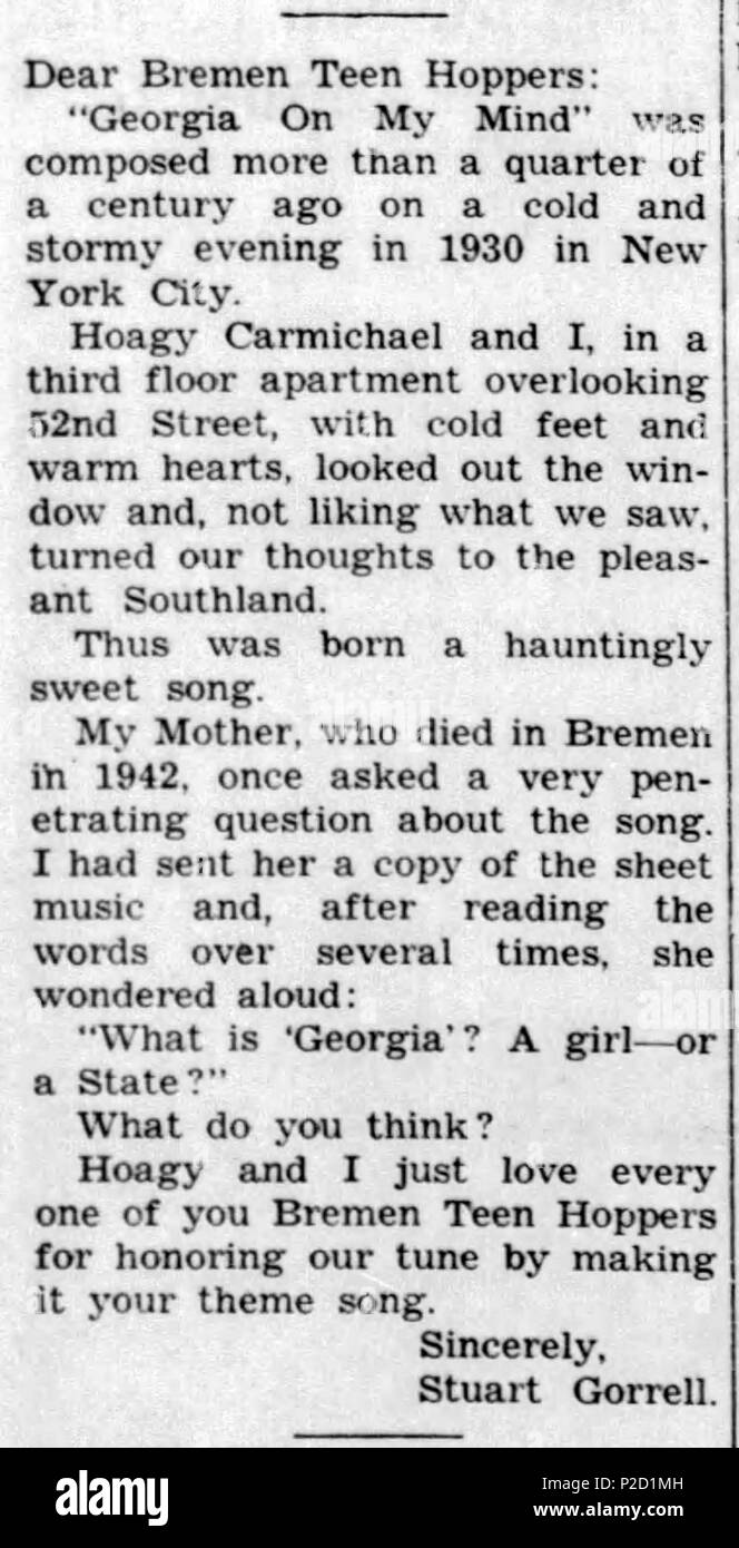 . Inglese: Stuart Gorrell "Georgia sulla mia mente' storia pubblicata in Bremen Enquirer, 3 agosto 1961. Questo ha accompagnato la sua risposta alla sua casa della città Hop Teen patroni scegliendo la canzone come la loro canzone di tema. Il 2 agosto 1961. Stuart Gorell (durata di vita: 10 agosto 1963) 60 Stuart Gorrell lettera - Bremen Enquirer - 3 Agosto 1961 Foto Stock