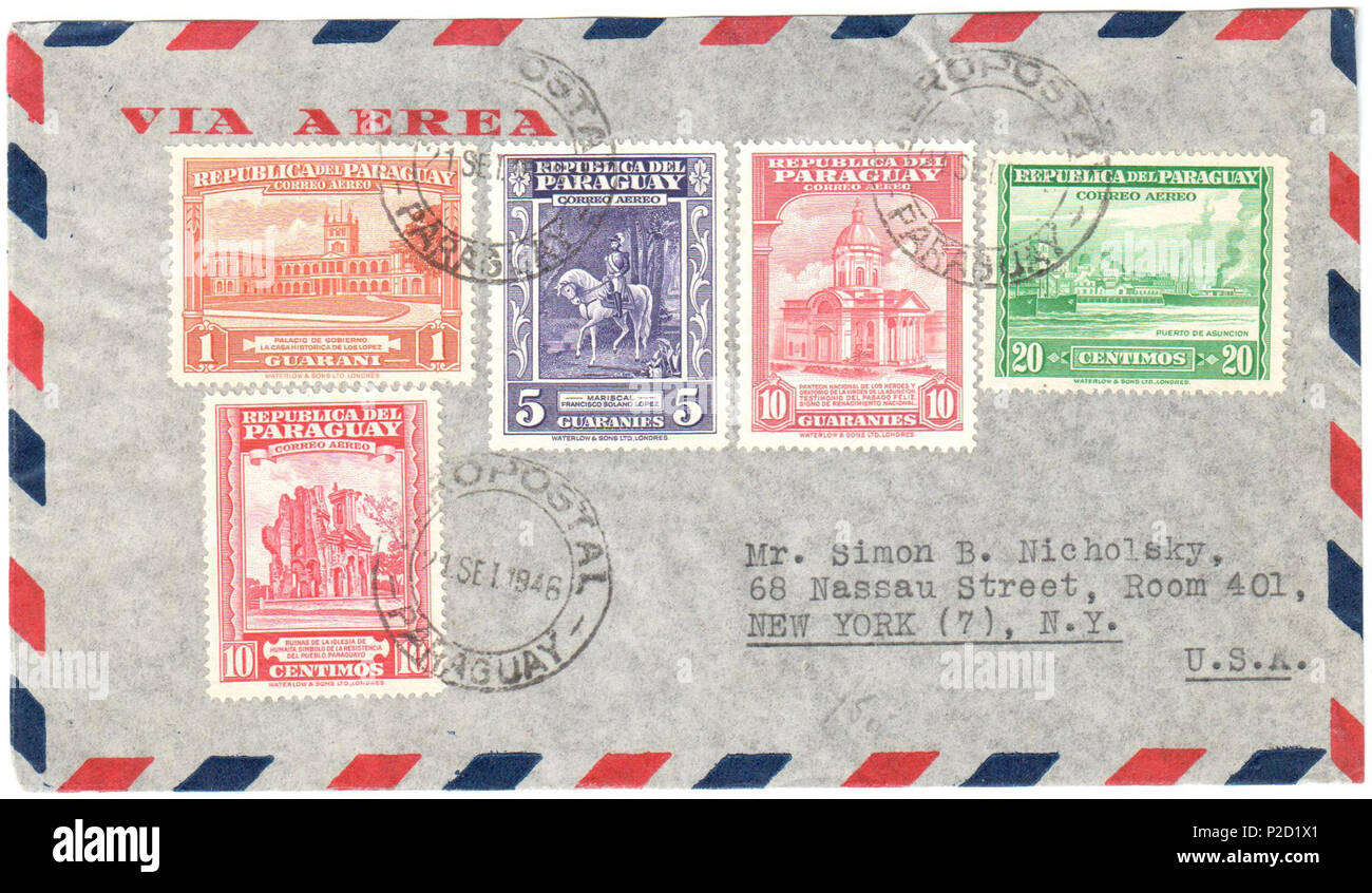 . Inglese: Paraguay 1946-09-21 registrato per primo giorno copertura aerea a New York. Affrancate con set Sc. C158-C162. ???????: ????????????????? ????????????????????? ????????????? ??????? ???????? ? ???????????? ???????? ???????????? ??????? ?????????????????? ?????? ?. ??????????? ?? ?????-????? (???-?????). ?????? ???? ??????? ?????, 21 ???????? 1946 ???? (Mi. 617-621, Sc. C158-C162). Il 21 settembre 1946. Post del Paraguay 40 Paraguay 1946-09-21 airmail cover Foto Stock