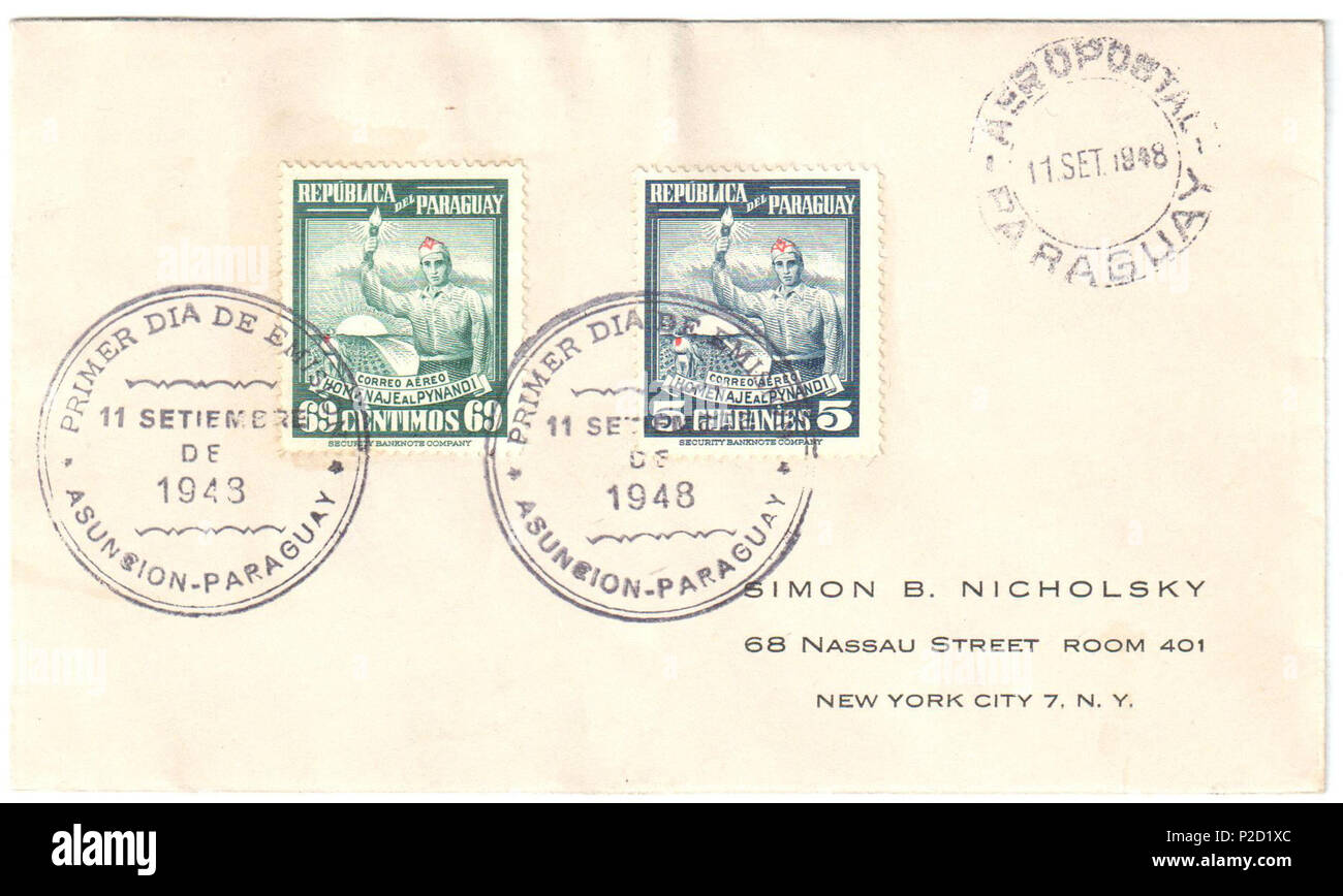. Inglese: Paraguay 1948-09-11 registrato per primo giorno copertura aerea a New York. Affrancate con set Sc. C176-C177. 11 settembre 1948. Post del Paraguay 40 Paraguay 1948-09-11 airmail cover Foto Stock
