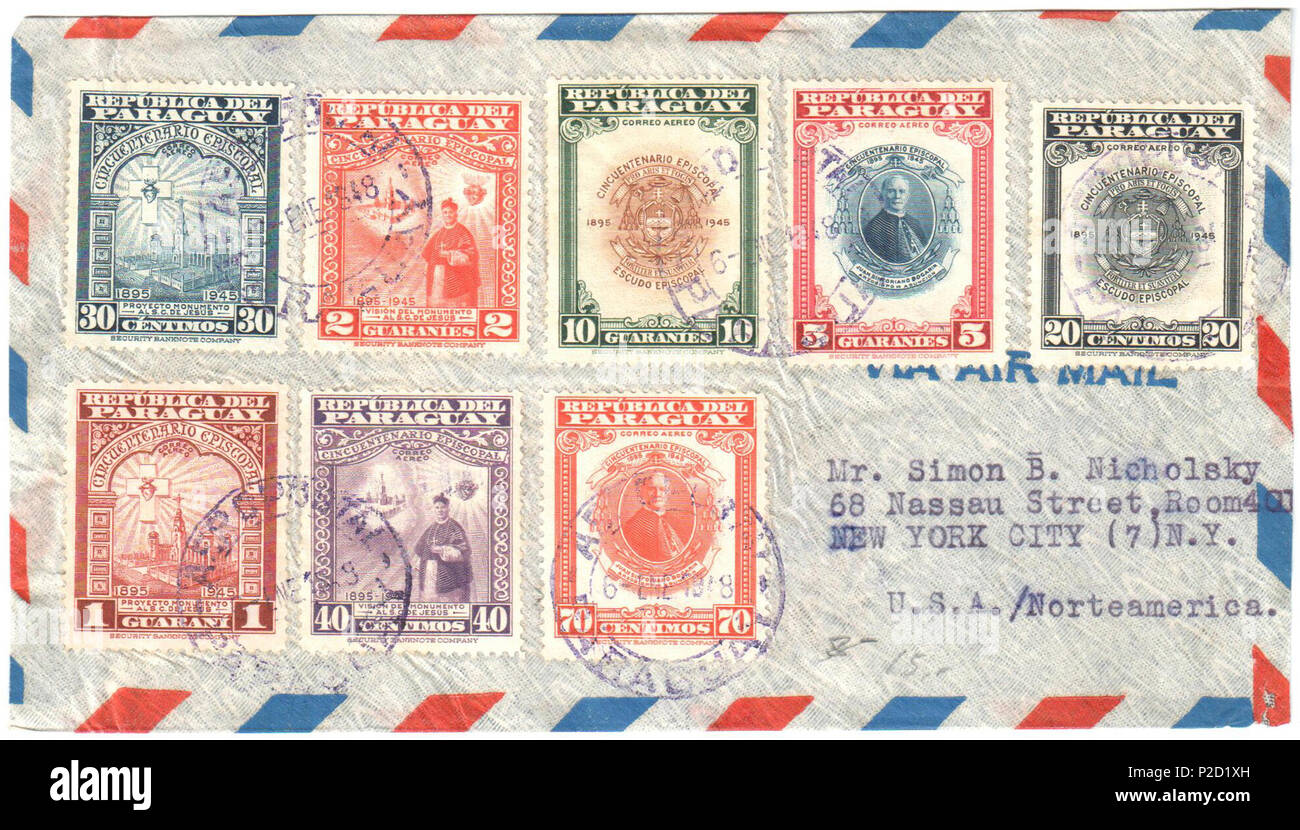 . Inglese: Paraguay 1948-01-06 registrato per primo giorno copertura aerea a New York. Affrancate con set Sc. C168-C175. 6 gennaio 1948. Post del Paraguay 40 Paraguay 1948-01-06 airmail cover Foto Stock