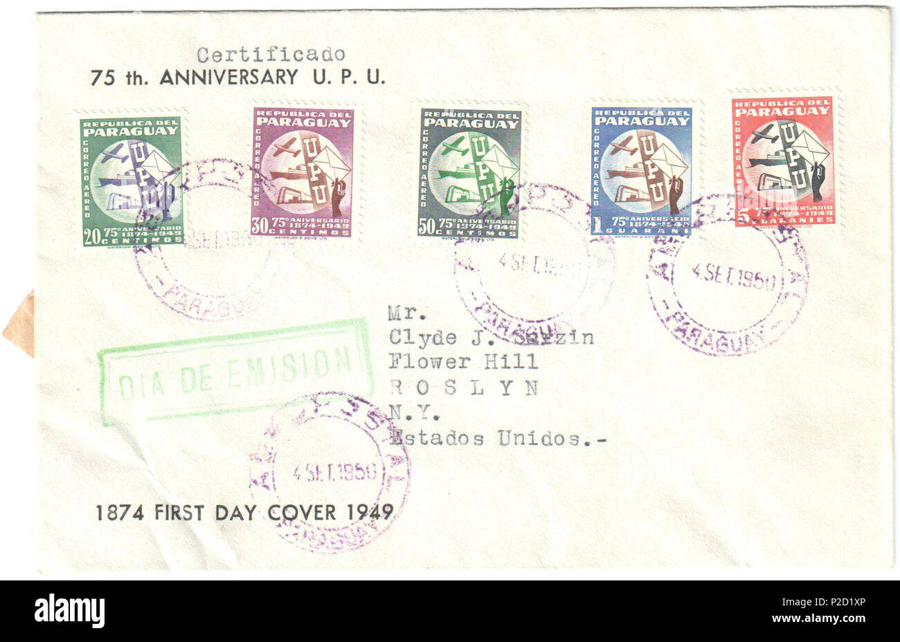 . Inglese: Paraguay 1950-09-04 registrato per primo giorno copertura aerea a New York. Affrancate con set Sc. C179-C183. Il 4 settembre 1950. Post del Paraguay 40 Paraguay 1950-09-04 airmail cover Foto Stock