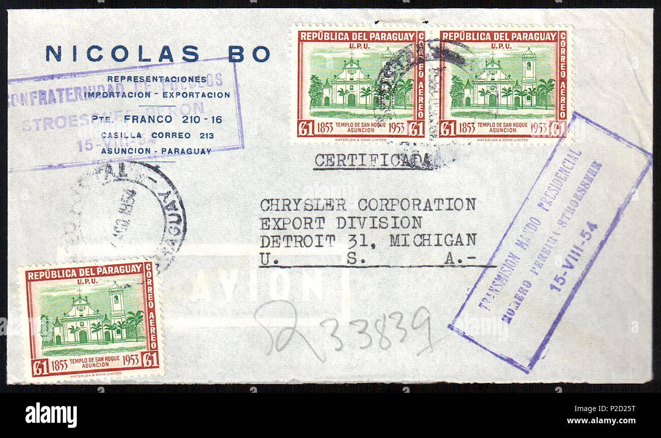 . Inglese: Paraguay 1954-08-15 airmail copertura da Asuncion per la Chrysler Corporation a Detroit. Sc. C208 (3). Il 15 agosto 1954. Il Paraguay post 40 Paraguay 1954-08-15 airmail cover Foto Stock
